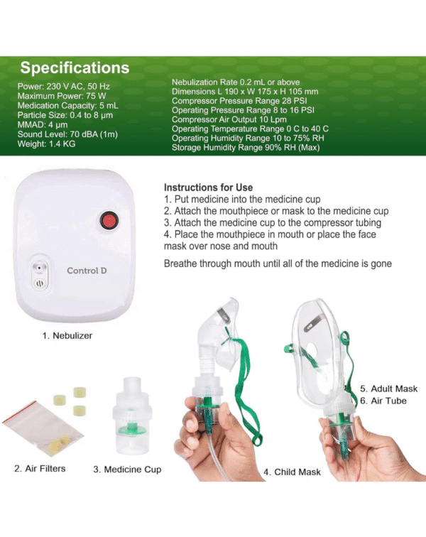 Control D NEB112 Respiratory Nebulizer with Complete Kit for Kids & Adults Nebulizer (White, Blue) - Image 4