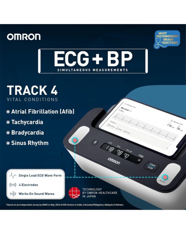Omron Complete ECG Machine + BP Monitor Built in Bluetooth Technology; AFib, Tachycardia, Bradycardia & Hypertension Monitoring - Image 2