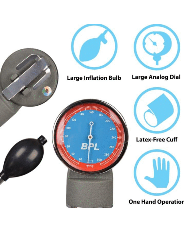 BPL Medical Technologies Manual Large Dial Aneroid Sphygmomanometer Blood Pressure Monitor - Gray - Image 3