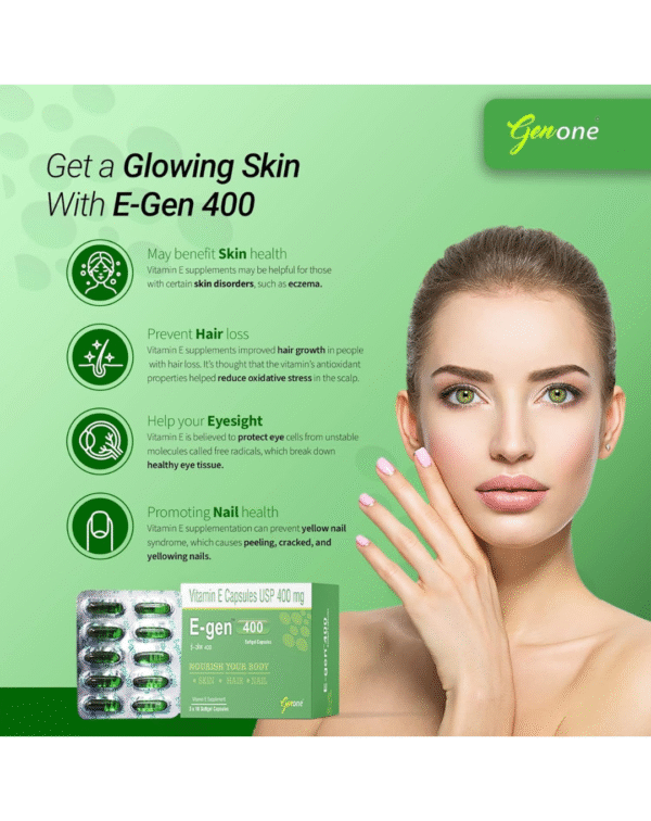 Genone E-Gen 400 Vitamin E Capsule for Glowing Face, Skin and Hair Nutrition (30 Capsules) - Image 4