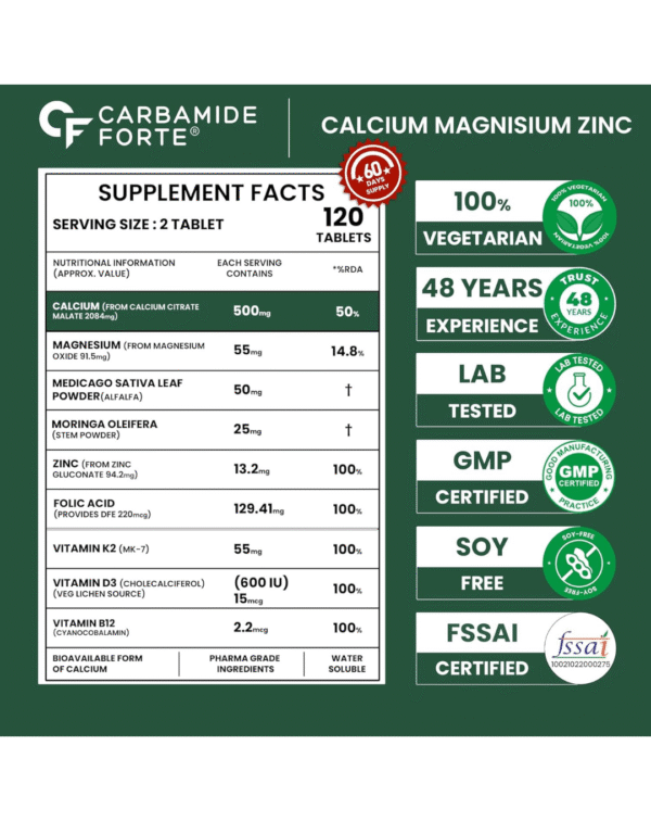 Click to see full view Carbamide Forte Calcium Tablets for Women & Men | Calcium Magnesium Zinc Tablets | Calcium Supplements for Men with Vitamin K2 MK7 & Vitamin B12 - Bone Health & Joint Support - 120 Tablet for Men - Image 3