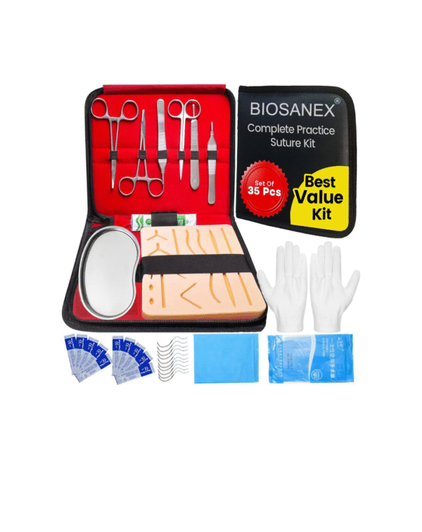BIOSANEX® Complete Suture Kit for Medical Students – 35 Piece Practice Set with Realistic Pad, Suturing Tools, Needles & Threads