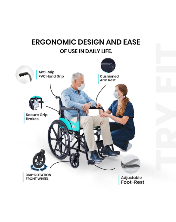 TryFit 2-in-1 Foldable Wheelchair with Commode – Powder-Coated MS Frame, 100kg Capacity - Image 3