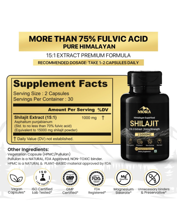 MORA Shilajit Capsules – 15000 mg Equivalent | 15:1 Gold‑Grade Extract with 70%+ Fulvic Acid - Image 3