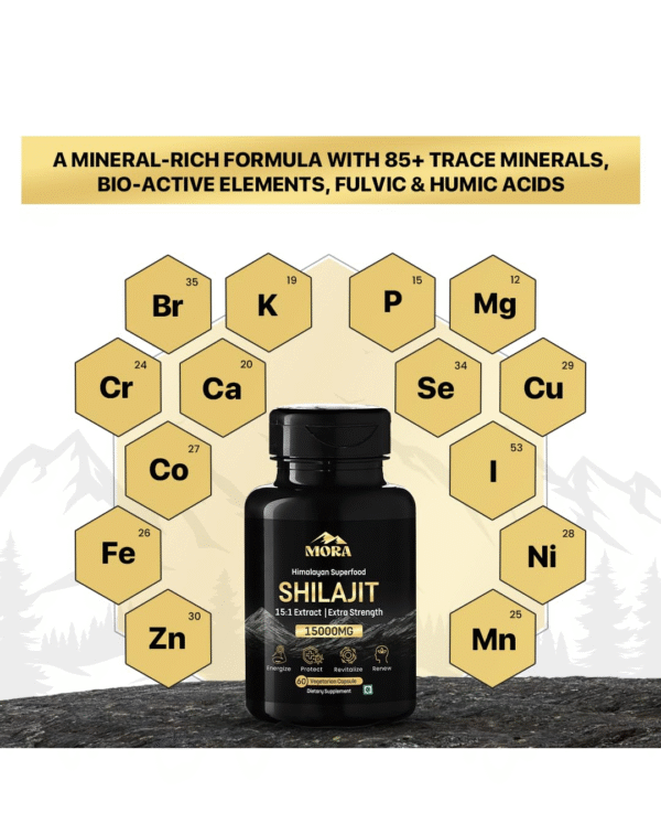 MORA Shilajit Capsules – 15000 mg Equivalent | 15:1 Gold‑Grade Extract with 70%+ Fulvic Acid - Image 4