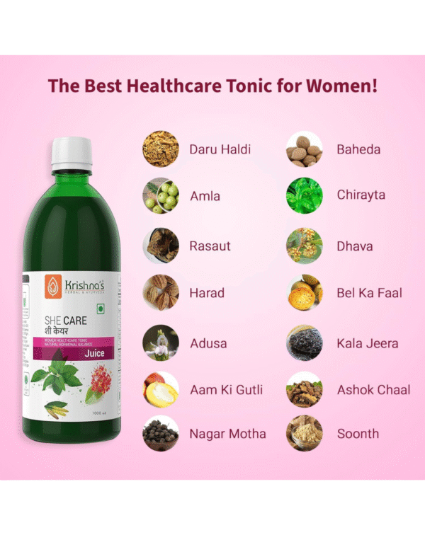 KRISHNA'S HERBAL & AYURVEDA She Care Juice 1000ml, Herbal Supplement for Hormonal Balance, PCOS, PCOD, Period Pain Relief, Hair and Skin Health - Image 3