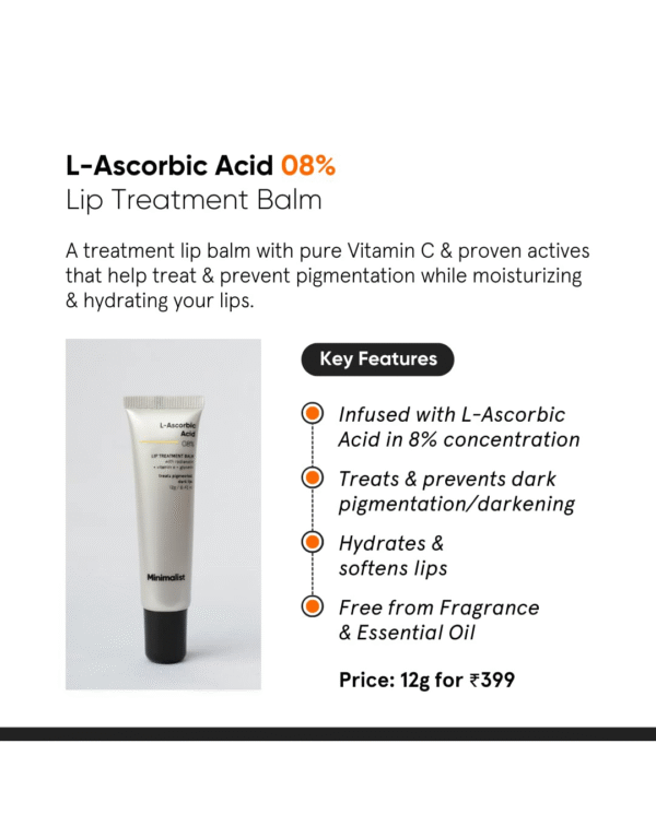 Minimalist Lip Treatment Balm for Pigmented & Dark Lips | 8% L-Ascorbic Acid with Vitamin E, - Image 3
