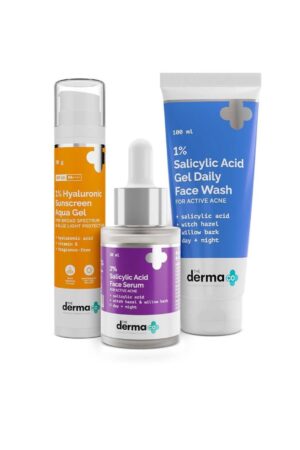 The Derma Co Anti Acne Skincare Routine Kit For All Skin 1% Salicylic Acid Gel Face Wash+2% Salicylic Acid Serum+1% Hyaluronic Sunscreen Aqua Gel