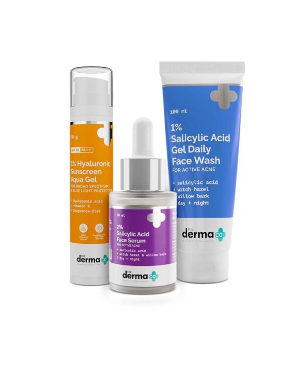 The Derma Co Anti Acne Skincare Routine Kit For All Skin 1% Salicylic Acid Gel Face Wash+2% Salicylic Acid Serum+1% Hyaluronic Sunscreen Aqua Gel