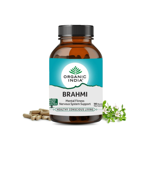 A TATA Product - Organic India Brahmi - 180 Veg Capsules, Naturally Promotes Concentration & Memory, Mental Fitness, Reduces Stress & Anxiety, GMP & NPOP Certified Organic