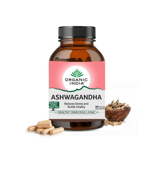 Organic India Ashwagandha Capsules - 180 Veg CapsSUPPORTS RELAXATION & VITALITY NATURALLY - Designed to assist in managing everyday stress, these capsules contain Ashwagandha root, known for its adaptogenic properties. Ideal for those seeking a natural way to promote relaxation and maintain energy levels while supporting overall wellness. MADE WITH WHOLE ASHWAGANDHA ROOT - Includes naturally sun-dried Ashwagandha root in its pure form. The formulation retains the herb's nutritional profile and is free from added fillers, chemicals, and preservatives, providing a natural choice for maintaining stamina and energy. PRODUCED UNDER HIGH-QUALITY STANDARDS - Each ingredient is tested across 600+ parameters for safety and purity in accredited labs. The manufacturing process follows strict guidelines to ensure consistency and a reliable product for everyday use. CREATED WITH ETHICAL FARMING PRACTICES - Ingredients are sourced from ethical farms with optimal soil and climate conditions. Sustainable and regenerative farming methods are used to promote environmental harmony and support local farming communities. MANUFACTURED WITH SUSTAINABLE PRACTICES - Crafted in a LEED Platinum Certified facility with strict adherence to good manufacturing practices. The production process ensures transparency and accountability, reflecting a commitment to wellness and sustainability.