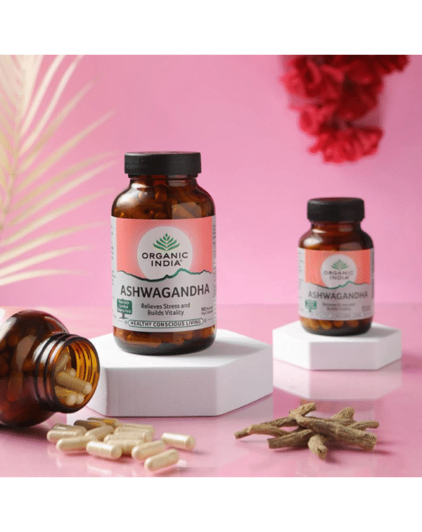 Organic India Ashwagandha Capsules - 180 Veg CapsSUPPORTS RELAXATION & VITALITY NATURALLY - Designed to assist in managing everyday stress, these capsules contain Ashwagandha root, known for its adaptogenic properties. Ideal for those seeking a natural way to promote relaxation and maintain energy levels while supporting overall wellness. MADE WITH WHOLE ASHWAGANDHA ROOT - Includes naturally sun-dried Ashwagandha root in its pure form. The formulation retains the herb's nutritional profile and is free from added fillers, chemicals, and preservatives, providing a natural choice for maintaining stamina and energy. PRODUCED UNDER HIGH-QUALITY STANDARDS - Each ingredient is tested across 600+ parameters for safety and purity in accredited labs. The manufacturing process follows strict guidelines to ensure consistency and a reliable product for everyday use. CREATED WITH ETHICAL FARMING PRACTICES - Ingredients are sourced from ethical farms with optimal soil and climate conditions. Sustainable and regenerative farming methods are used to promote environmental harmony and support local farming communities. MANUFACTURED WITH SUSTAINABLE PRACTICES - Crafted in a LEED Platinum Certified facility with strict adherence to good manufacturing practices. The production process ensures transparency and accountability, reflecting a commitment to wellness and sustainability. - Image 2
