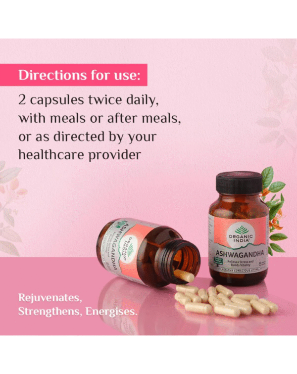 Organic India Ashwagandha Capsules - 180 Veg CapsSUPPORTS RELAXATION & VITALITY NATURALLY - Designed to assist in managing everyday stress, these capsules contain Ashwagandha root, known for its adaptogenic properties. Ideal for those seeking a natural way to promote relaxation and maintain energy levels while supporting overall wellness. MADE WITH WHOLE ASHWAGANDHA ROOT - Includes naturally sun-dried Ashwagandha root in its pure form. The formulation retains the herb's nutritional profile and is free from added fillers, chemicals, and preservatives, providing a natural choice for maintaining stamina and energy. PRODUCED UNDER HIGH-QUALITY STANDARDS - Each ingredient is tested across 600+ parameters for safety and purity in accredited labs. The manufacturing process follows strict guidelines to ensure consistency and a reliable product for everyday use. CREATED WITH ETHICAL FARMING PRACTICES - Ingredients are sourced from ethical farms with optimal soil and climate conditions. Sustainable and regenerative farming methods are used to promote environmental harmony and support local farming communities. MANUFACTURED WITH SUSTAINABLE PRACTICES - Crafted in a LEED Platinum Certified facility with strict adherence to good manufacturing practices. The production process ensures transparency and accountability, reflecting a commitment to wellness and sustainability. - Image 4