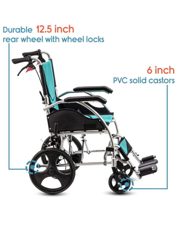 KosmoCare Stylex Premium Imported Ultra lightweight Transporter Wheelchair With Seat Belt -Crest Series-Light Blue - Image 4