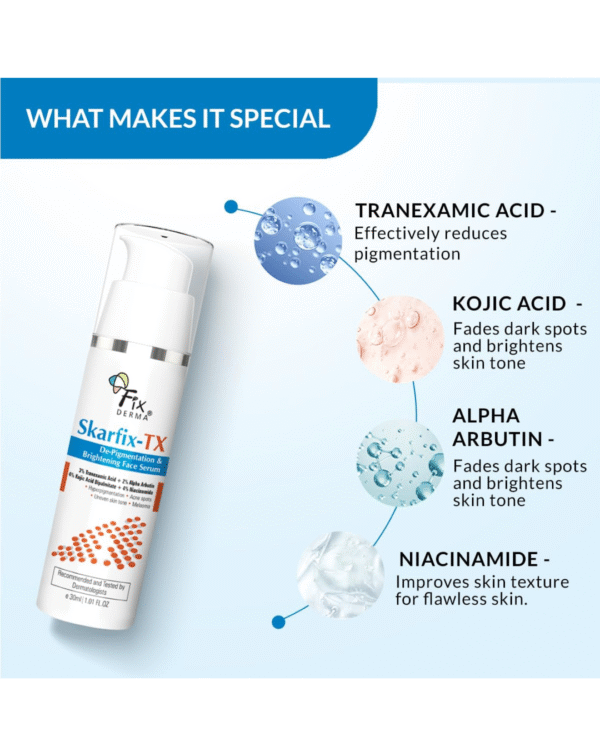 Fixderma Skarfix-TX Face Serum with 4% Kojic Acid, 4% Niacinamide Serum, 3% Tranexamic Acid & 2% Alpha Arbutin - Image 2