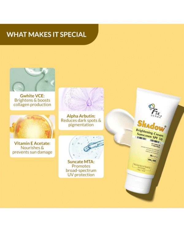 Fixderma Shadow Brightening Sunscreen SPF50 PA+++ with 1% Alpha Arbutin - Image 2