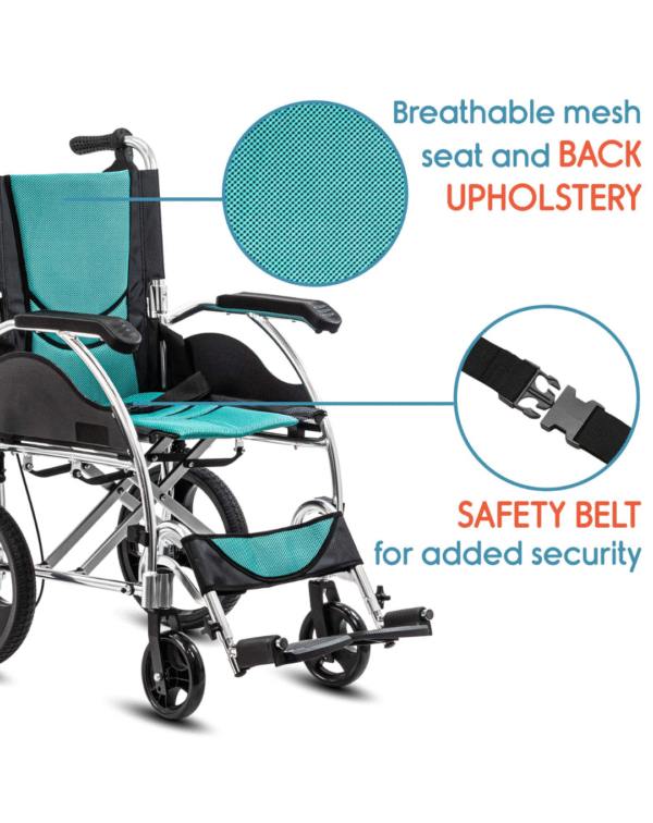 KosmoCare Stylex Premium Imported Ultra lightweight Transporter Wheelchair With Seat Belt -Crest Series-Light Blue - Image 2